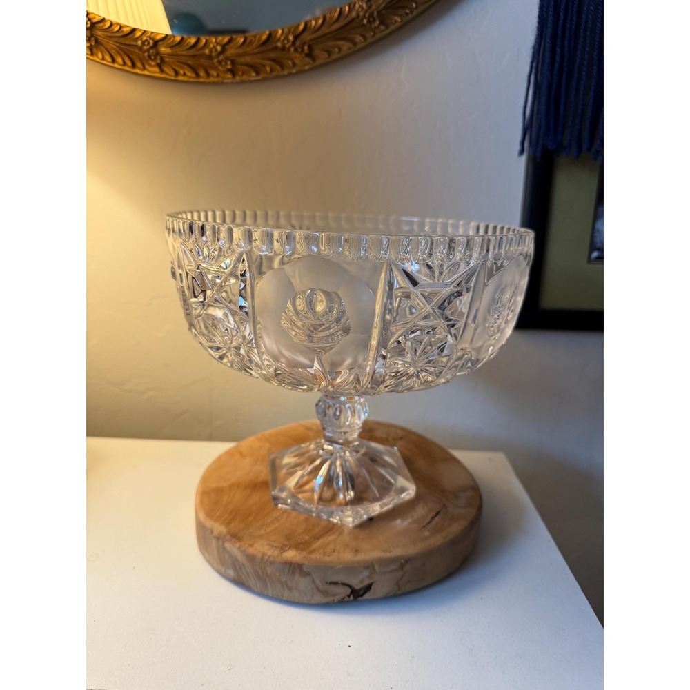 Antique Crystal Compote with Florsl Design Candy or Serving Dish 7 inches tall